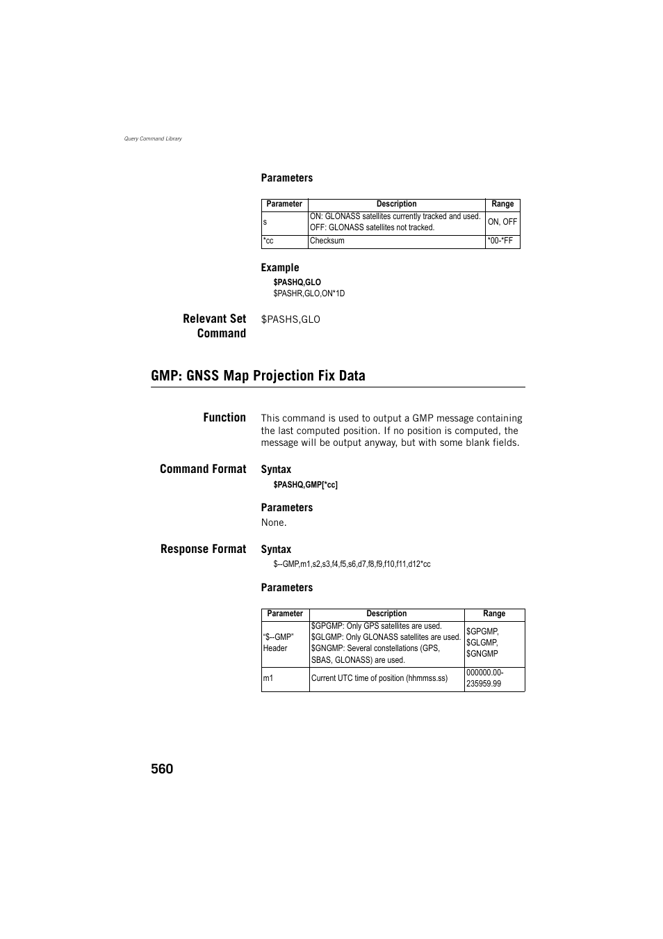 Relevant set command, Gmp: gnss map projection fix data, Function | Command format, Response format | Spectra Precision ProFlex 800 Reference Manual User Manual | Page 574 / 748