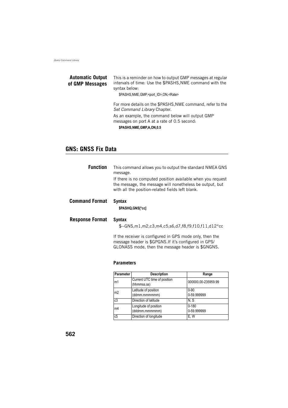 Automatic output of gmp messages, Gns: gnss fix data, Function | Command format, Response format | Spectra Precision ProFlex 800 Reference Manual User Manual | Page 576 / 748