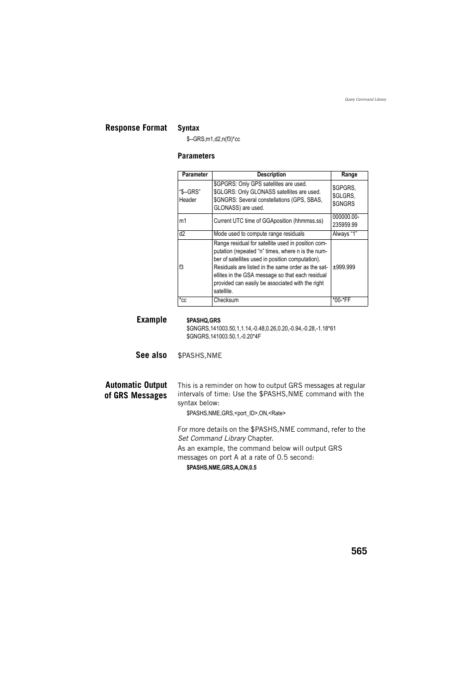 Response format, Example, See also | Automatic output of grs messages | Spectra Precision ProFlex 800 Reference Manual User Manual | Page 579 / 748