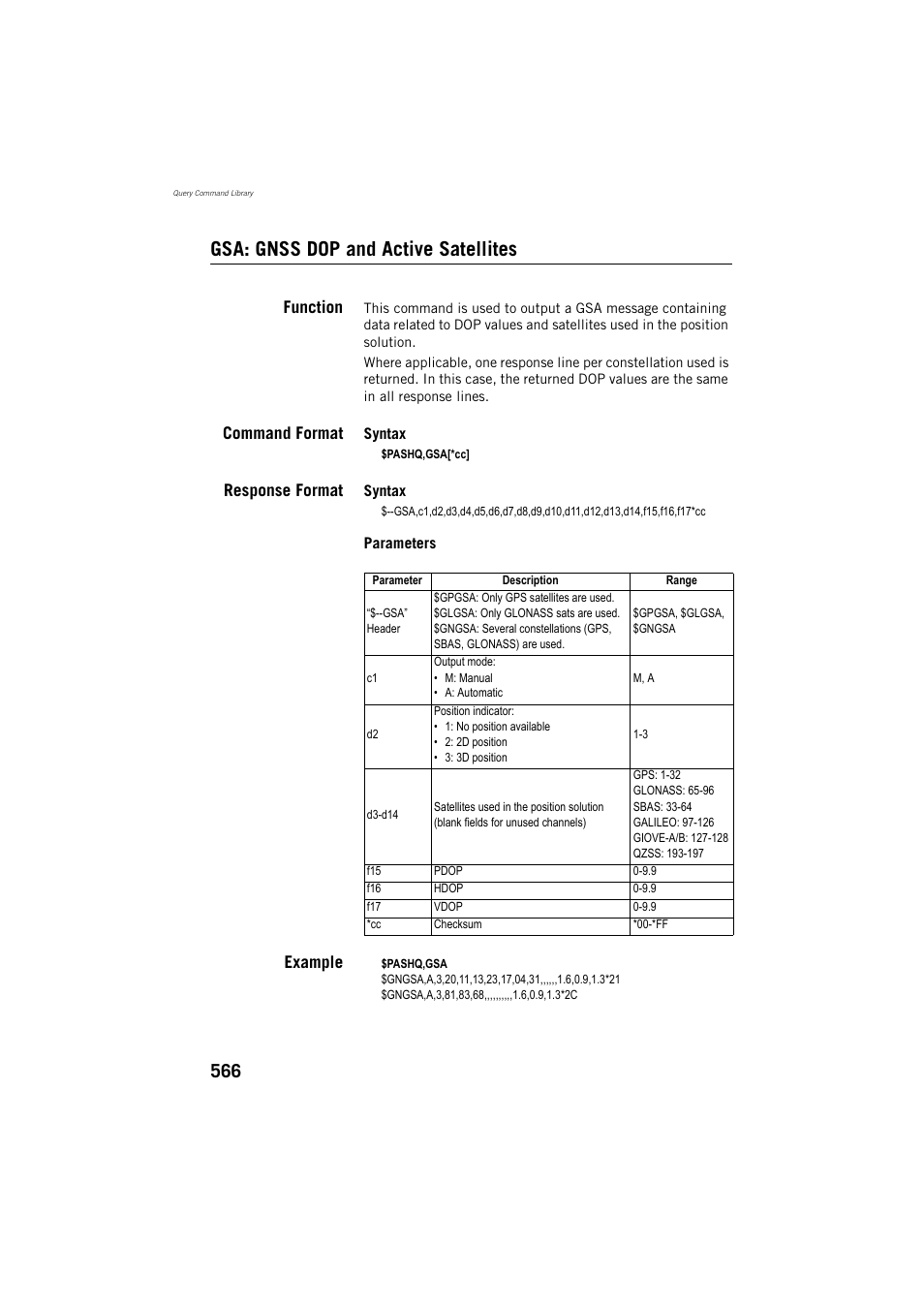 Gsa: gnss dop and active satellites, Function, Command format | Response format, Example | Spectra Precision ProFlex 800 Reference Manual User Manual | Page 580 / 748