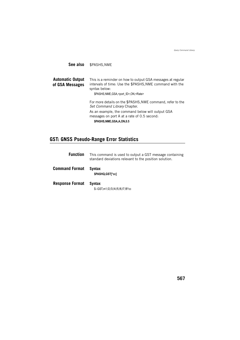 See also, Automatic output of gsa messages, Gst: gnss pseudo-range error statistics | Function, Command format, Response format | Spectra Precision ProFlex 800 Reference Manual User Manual | Page 581 / 748