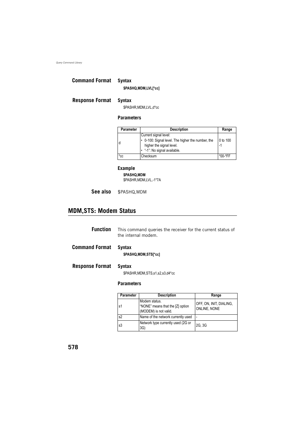 Command format, Response format, See also | Mdm,sts: modem status, Function | Spectra Precision ProFlex 800 Reference Manual User Manual | Page 592 / 748