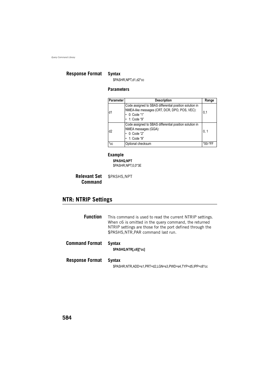 Response format, Relevant set command, Ntr: ntrip settings | Function, Command format | Spectra Precision ProFlex 800 Reference Manual User Manual | Page 598 / 748