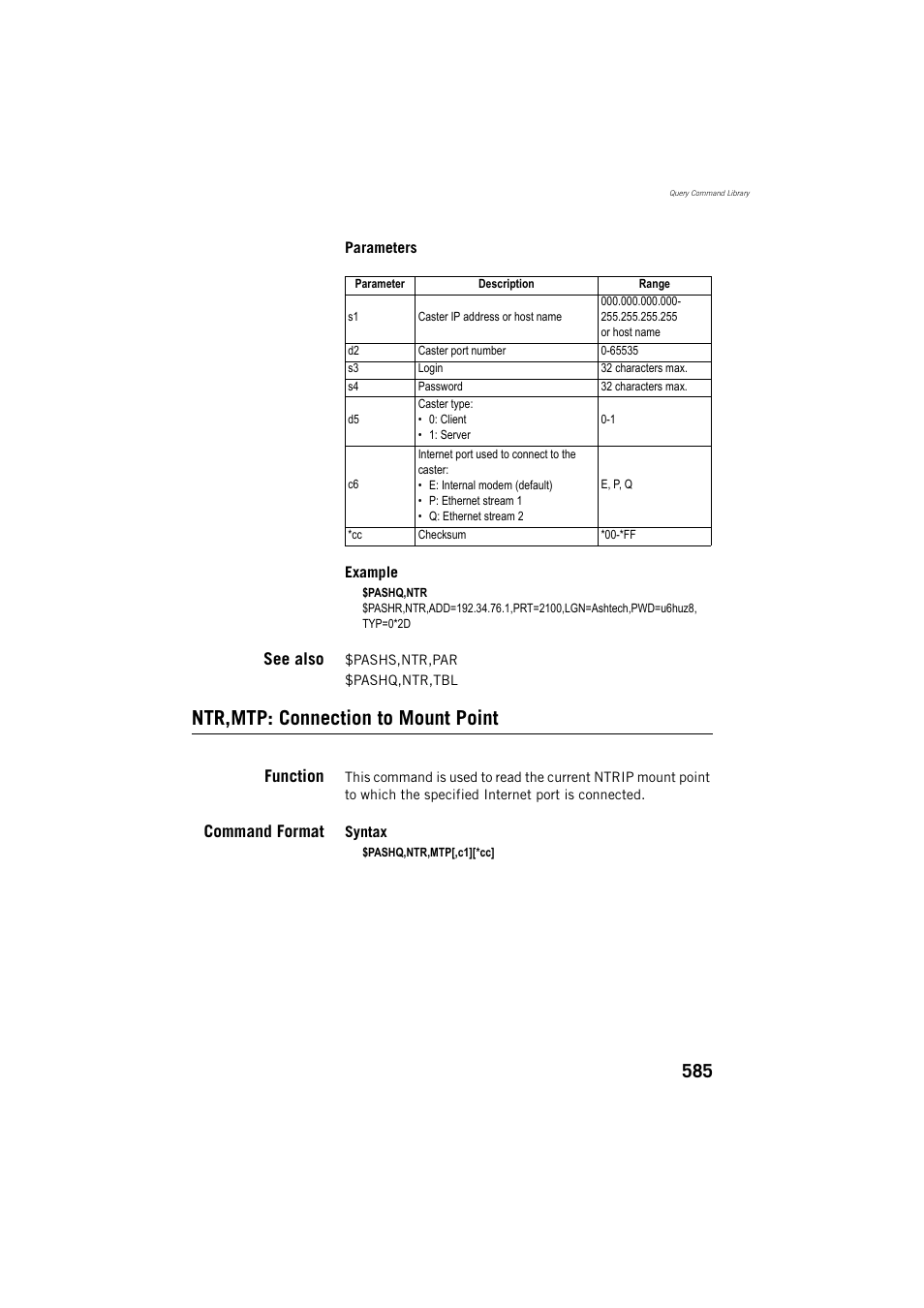 See also, Ntr,mtp: connection to mount point, Function | Command format | Spectra Precision ProFlex 800 Reference Manual User Manual | Page 599 / 748