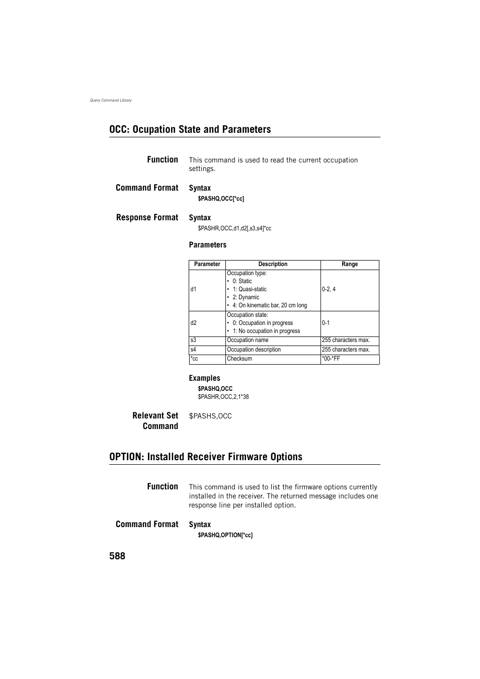 Occ: ocupation state and parameters, Function, Command format | R esponse format, Relevant set command, Option: installed receiver firmware options | Spectra Precision ProFlex 800 Reference Manual User Manual | Page 602 / 748