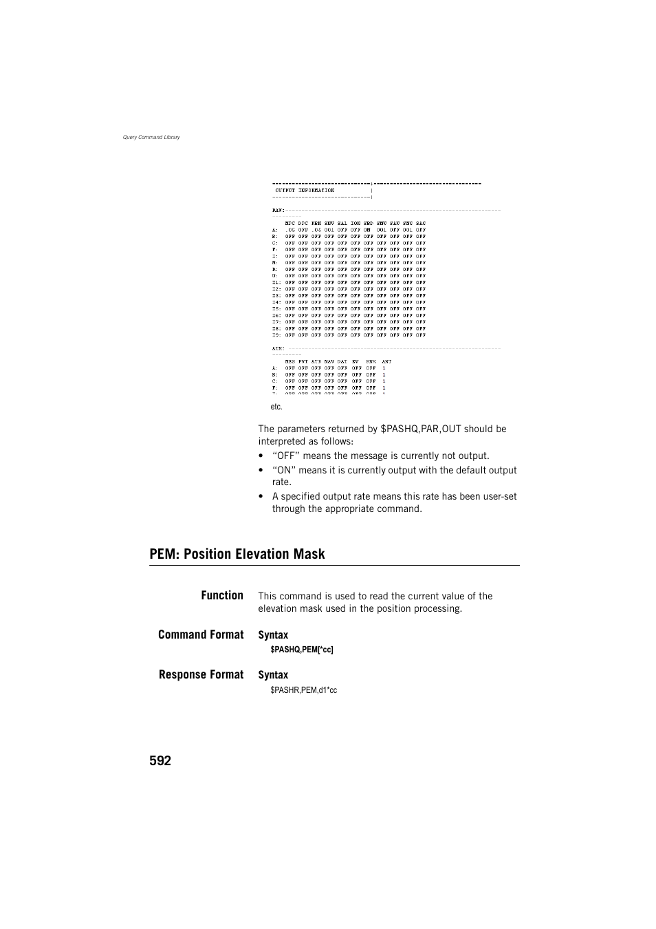 Pem: position elevation mask, Function, Command format | Response format | Spectra Precision ProFlex 800 Reference Manual User Manual | Page 606 / 748