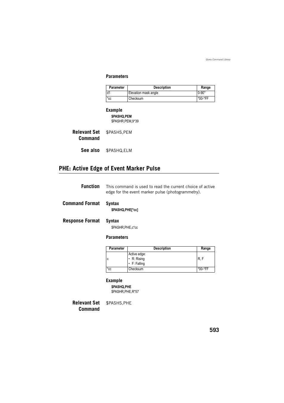 Relevant set command, See also, Phe: active edge of event marker pulse | Function, Command format, Response format | Spectra Precision ProFlex 800 Reference Manual User Manual | Page 607 / 748