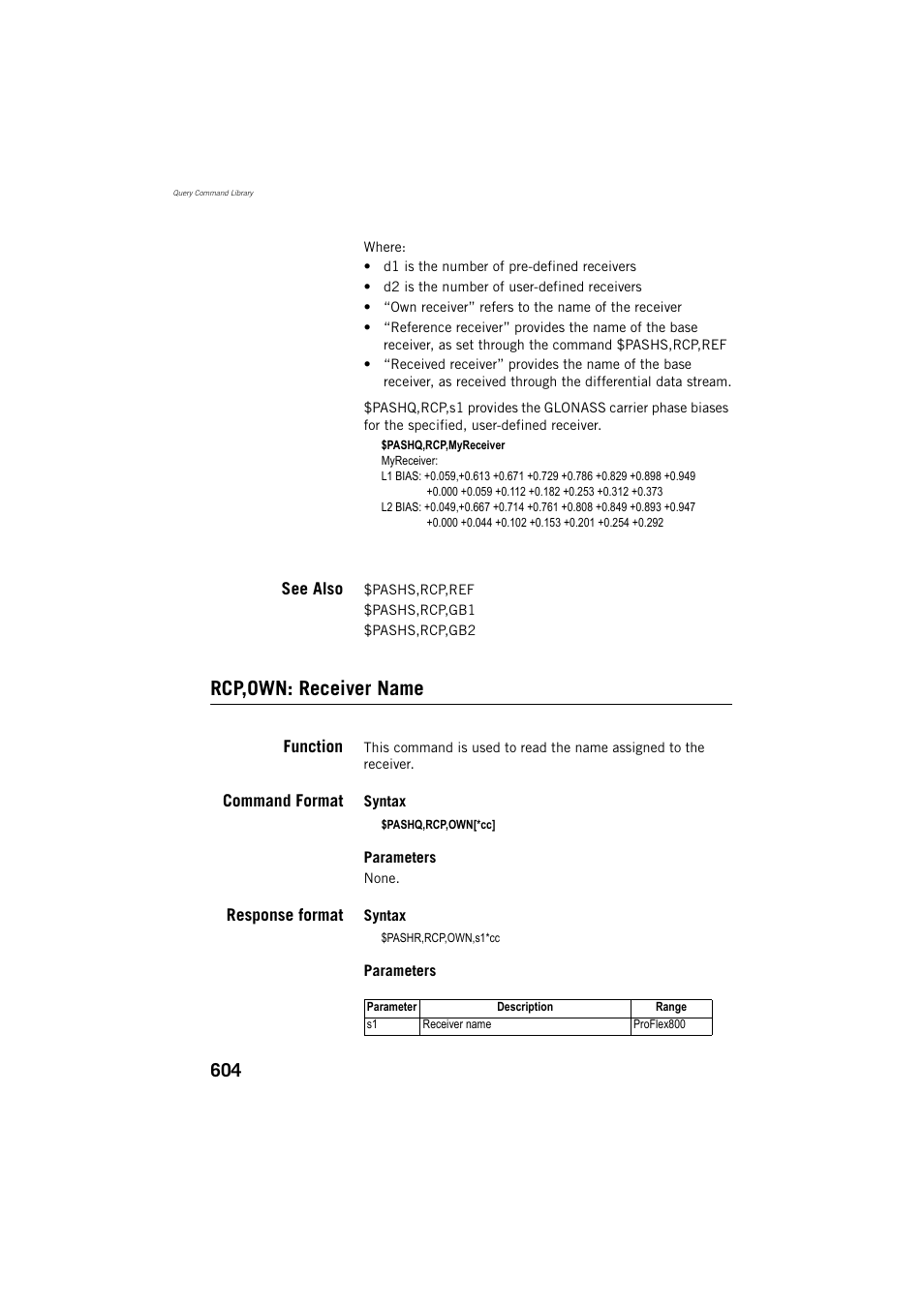 See also, Rcp,own: receiver name, Function | Command format, Response format | Spectra Precision ProFlex 800 Reference Manual User Manual | Page 618 / 748