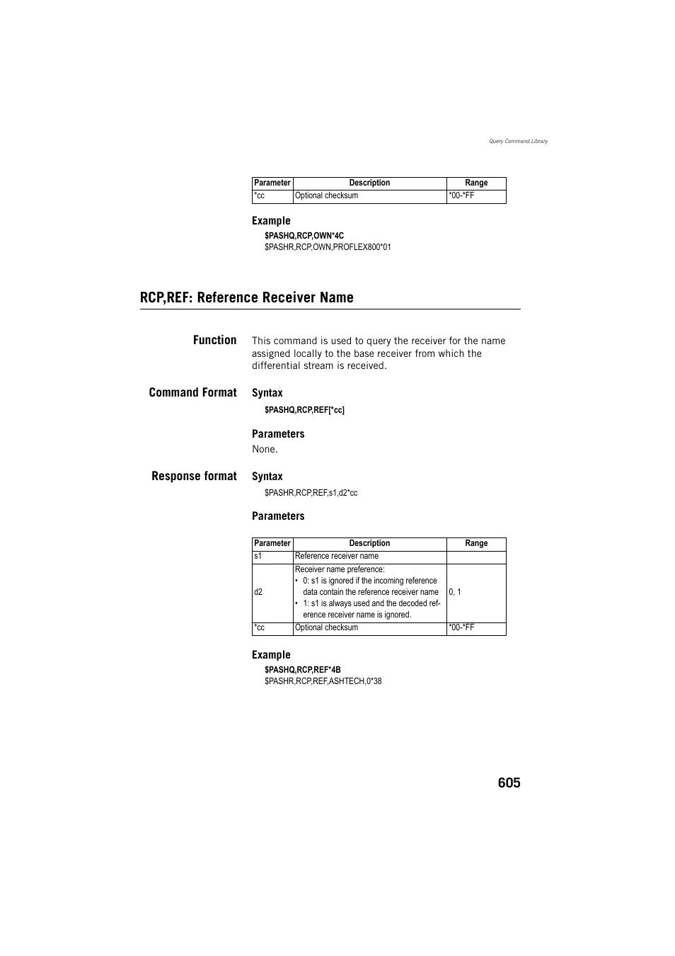 Rcp,ref: reference receiver name, Function, Command format | Response format | Spectra Precision ProFlex 800 Reference Manual User Manual | Page 619 / 748