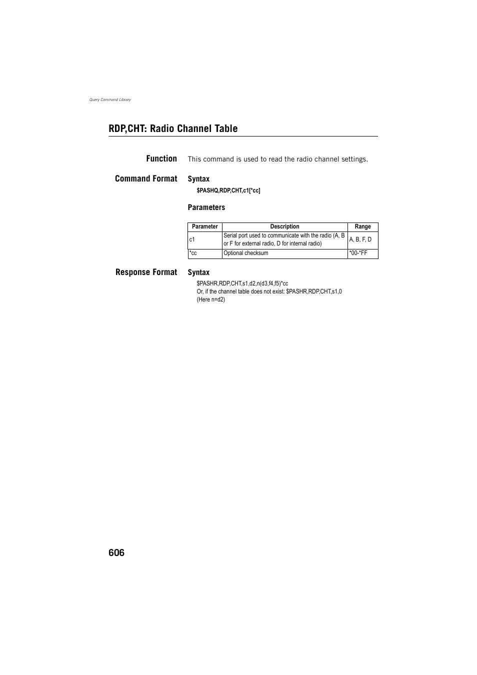 Rdp,cht: radio channel table, Function, Command format | Response format | Spectra Precision ProFlex 800 Reference Manual User Manual | Page 620 / 748