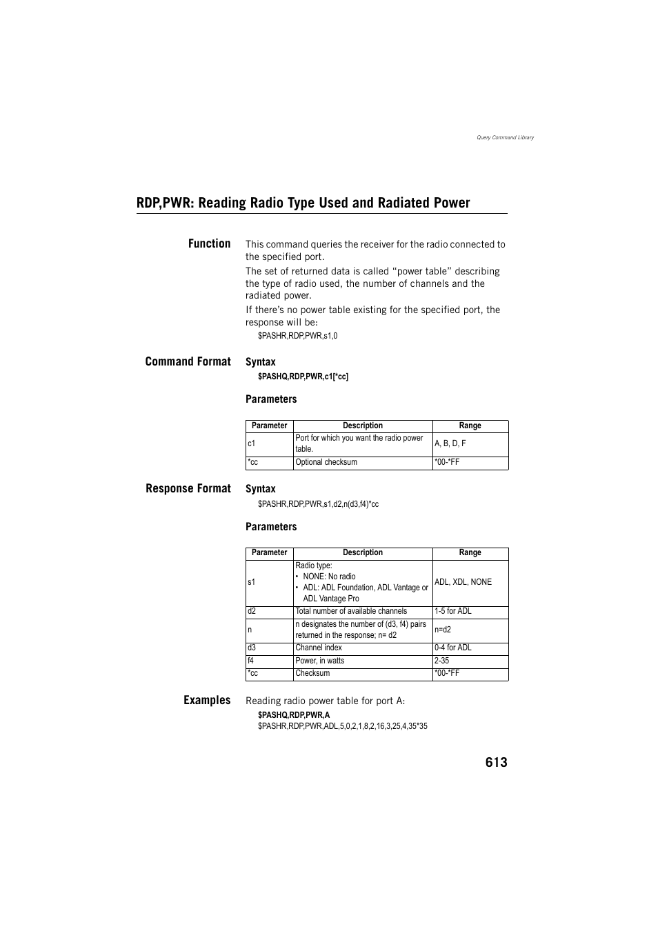 Function, Command format, Response format | Examples | Spectra Precision ProFlex 800 Reference Manual User Manual | Page 627 / 748