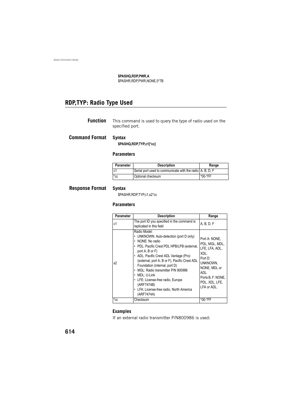 Rdp,typ: radio type used, Function, Command format | Response format | Spectra Precision ProFlex 800 Reference Manual User Manual | Page 628 / 748