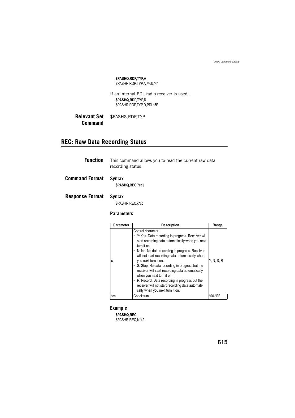 Relevant set command, Rec: raw data recording status, Function | Command format, Response format | Spectra Precision ProFlex 800 Reference Manual User Manual | Page 629 / 748