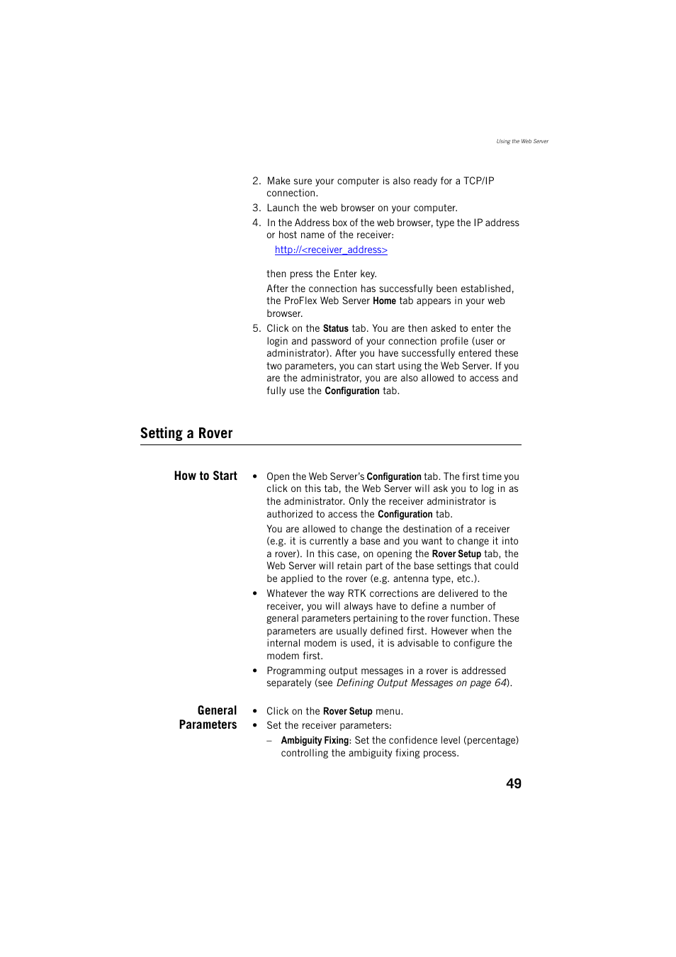 Setting a rover, How to start, General parameters | Spectra Precision ProFlex 800 Reference Manual User Manual | Page 63 / 748