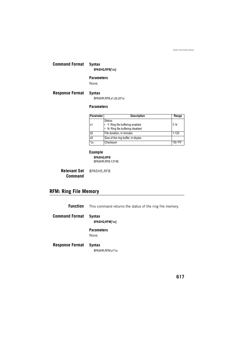 Command format, Response format, Relevant set command | Rfm: ring file memory, Function | Spectra Precision ProFlex 800 Reference Manual User Manual | Page 631 / 748