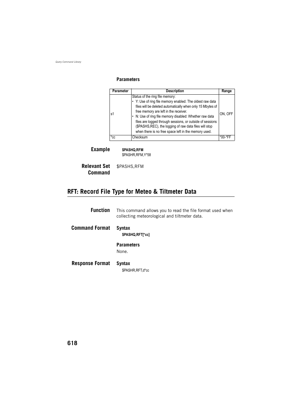 Example, Relevant set command, Rft: record file type for meteo & tiltmeter data | Function, Command format, Response format | Spectra Precision ProFlex 800 Reference Manual User Manual | Page 632 / 748