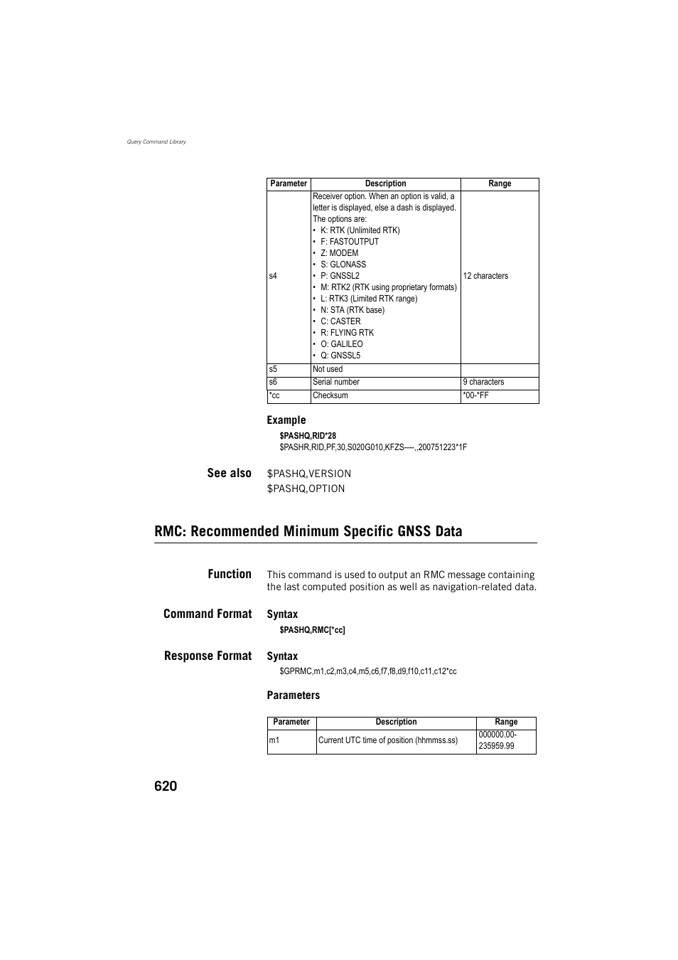 See also, Rmc: recommended minimum specific gnss data, Function | Command format, Response format | Spectra Precision ProFlex 800 Reference Manual User Manual | Page 634 / 748