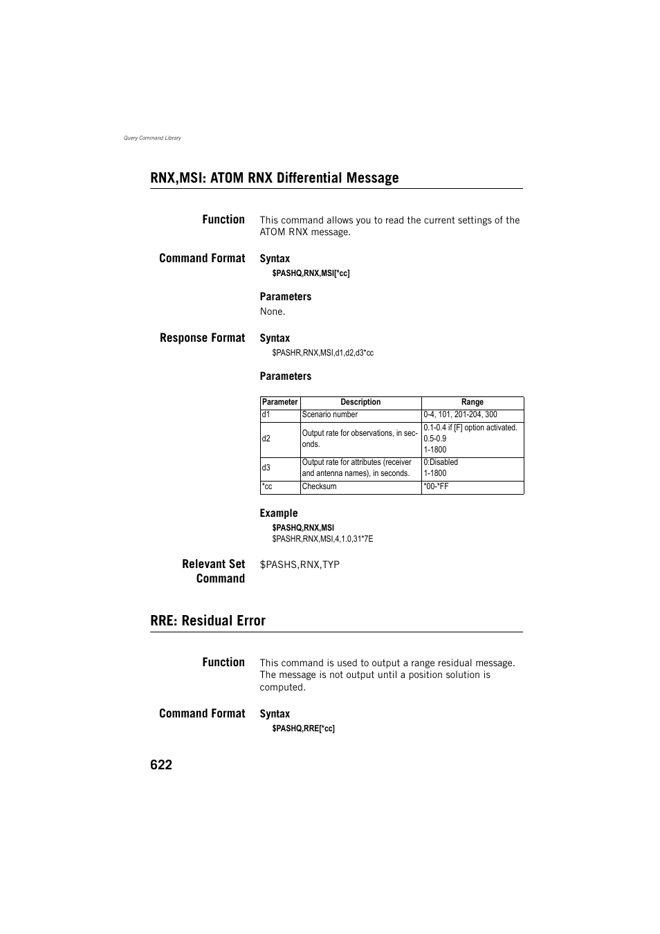 Rnx,msi: atom rnx differential message, Function, Command format | Response format, Relevant set command, Rre: residual error | Spectra Precision ProFlex 800 Reference Manual User Manual | Page 636 / 748