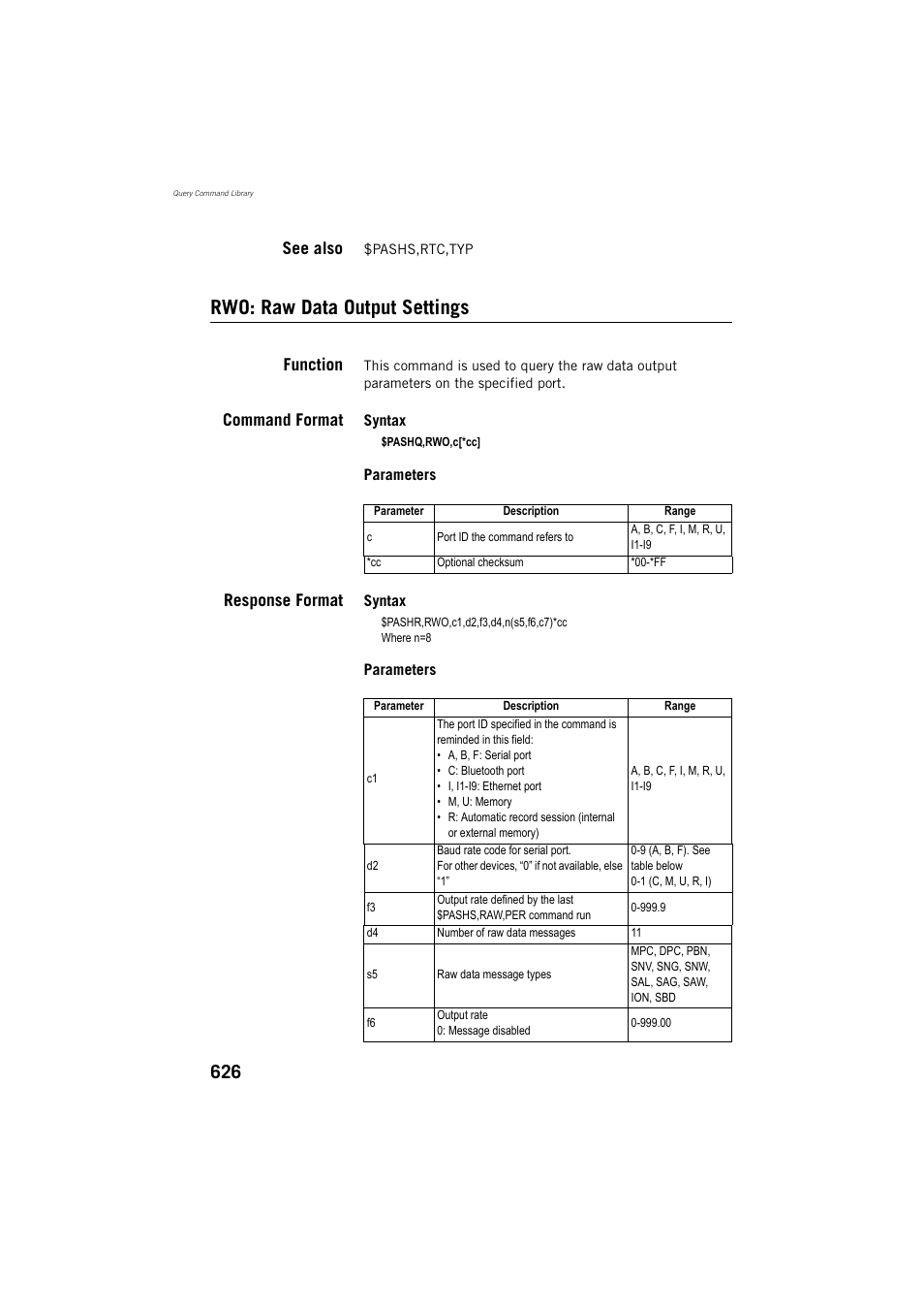 See also, Rwo: raw data output settings, Function | Command format, Response format | Spectra Precision ProFlex 800 Reference Manual User Manual | Page 640 / 748