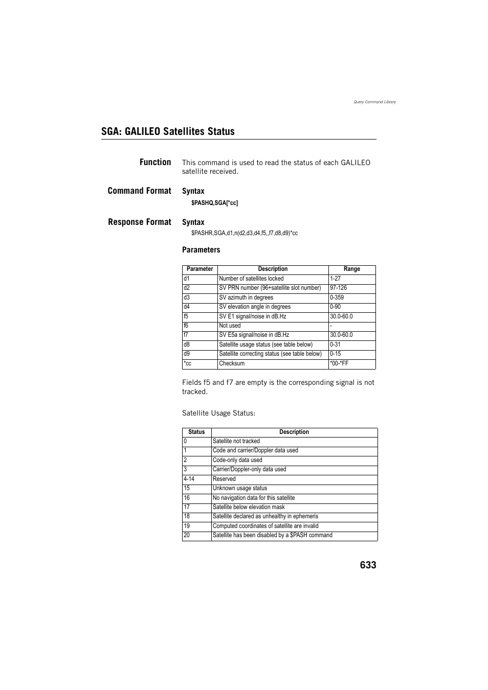 Sga: galileo satellites status, Function, Command format | Response format | Spectra Precision ProFlex 800 Reference Manual User Manual | Page 647 / 748