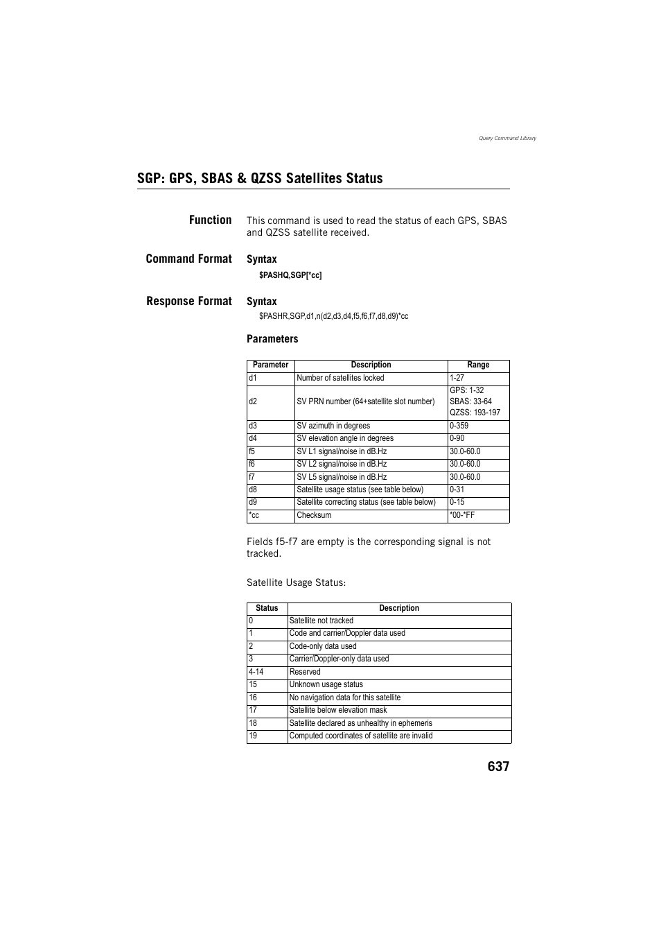 Sgp: gps, sbas & qzss satellites status, Function, Command format | Response format | Spectra Precision ProFlex 800 Reference Manual User Manual | Page 651 / 748