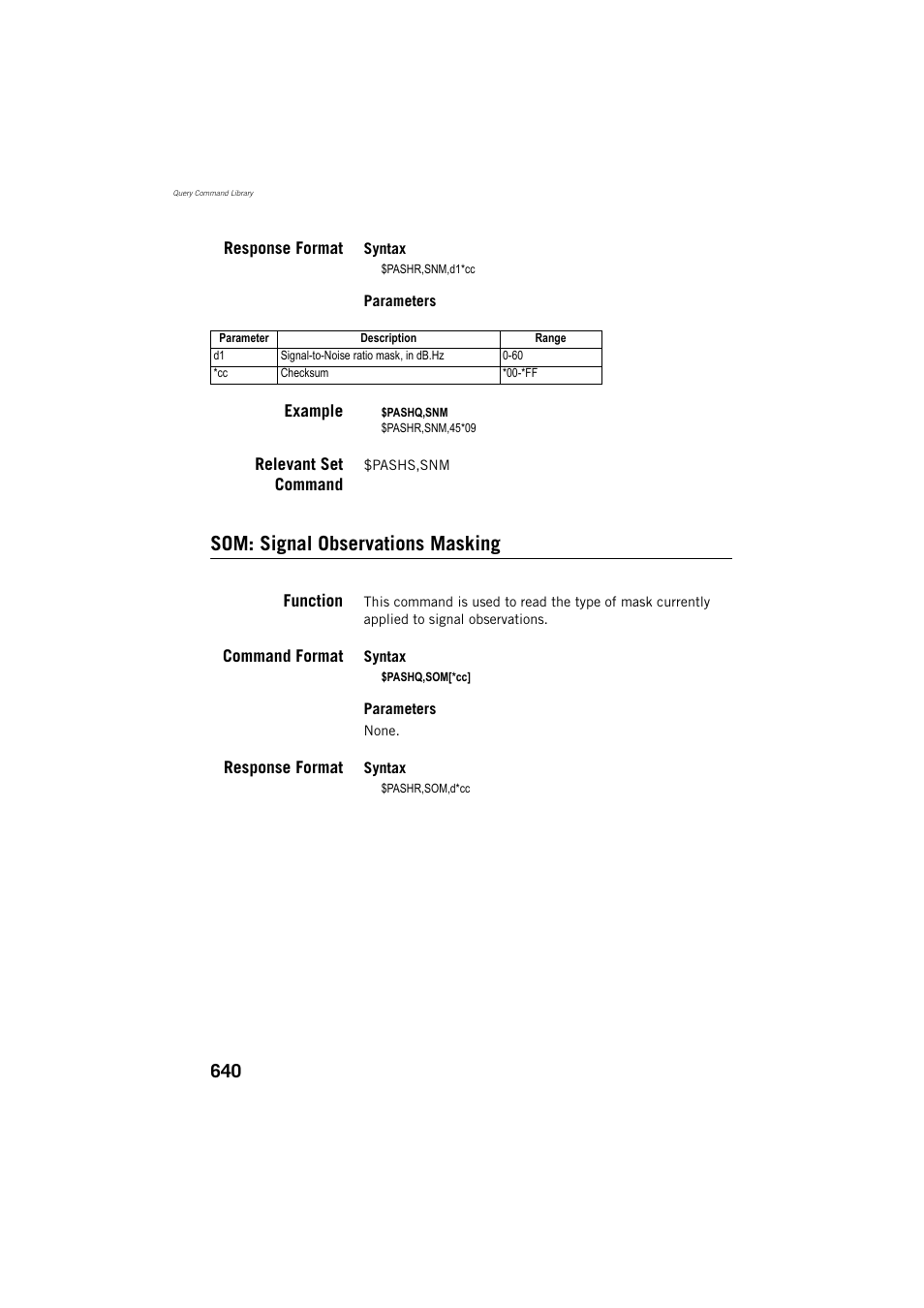Response format, Example, Relevant set command | Som: signal observations masking, Function, Command format | Spectra Precision ProFlex 800 Reference Manual User Manual | Page 654 / 748