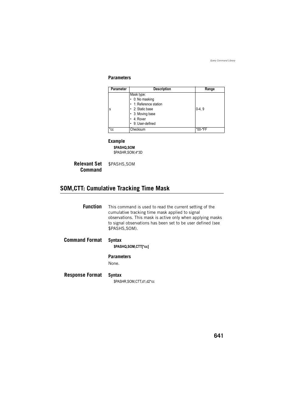 Relevant set command, Som,ctt: cumulative tracking time mask, Function | Command format, Response format | Spectra Precision ProFlex 800 Reference Manual User Manual | Page 655 / 748