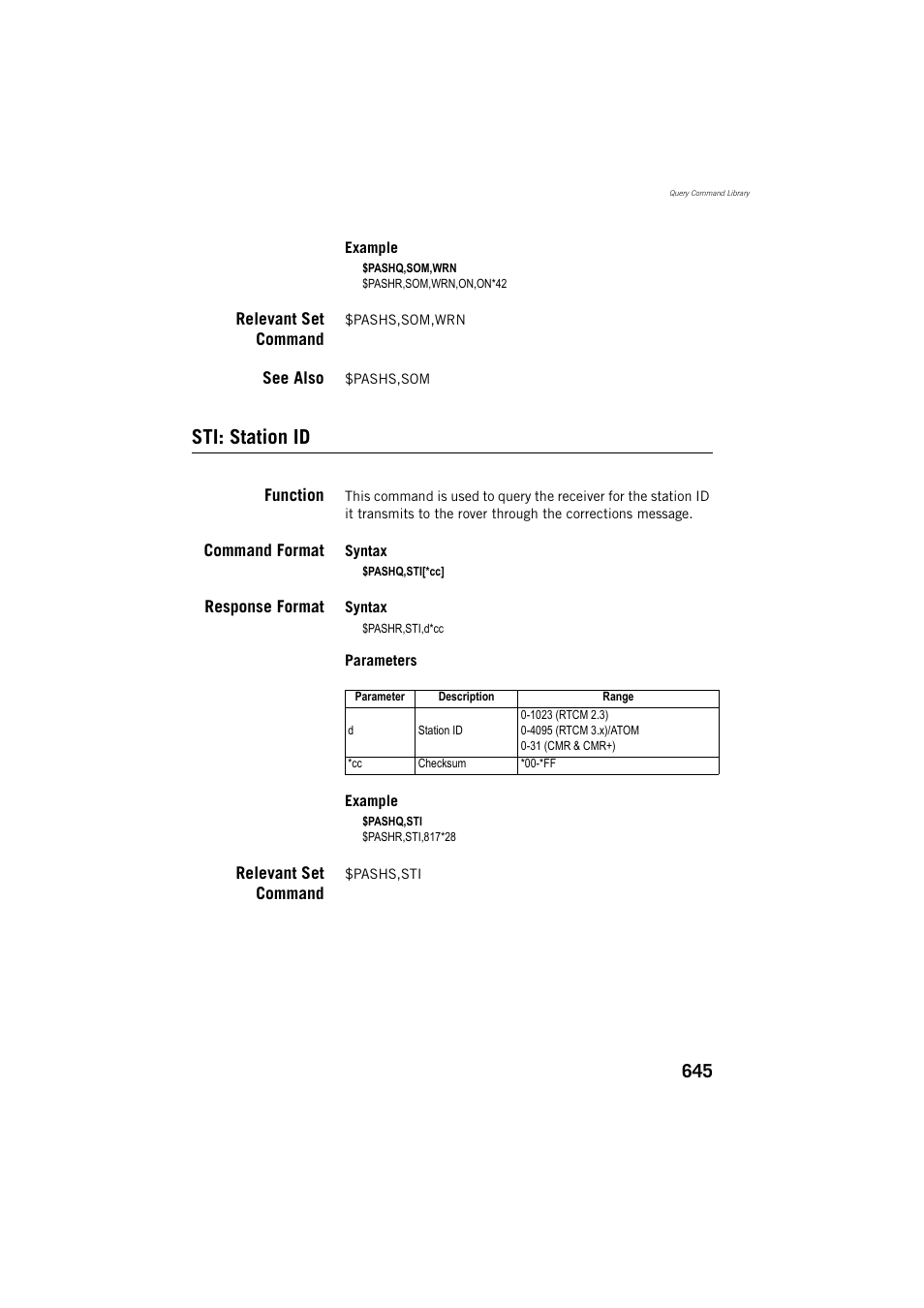 Relevant set command, See also, Sti: station id | Function, Command format, Response format | Spectra Precision ProFlex 800 Reference Manual User Manual | Page 659 / 748