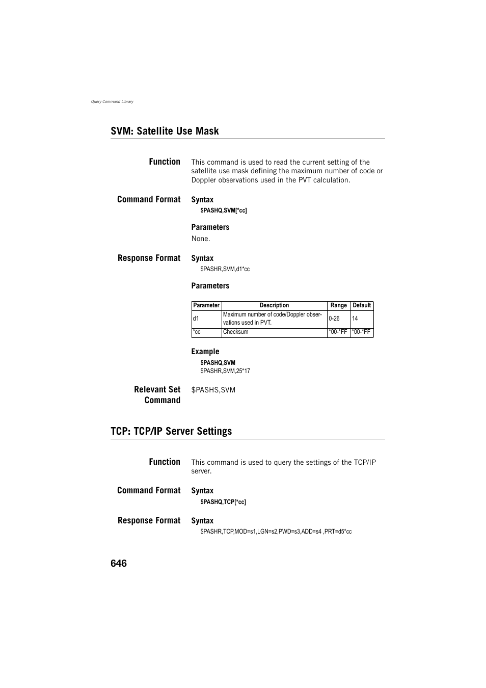 Svm: satellite use mask, Function, Command format | Response format, Relevant set command, Tcp: tcp/ip server settings | Spectra Precision ProFlex 800 Reference Manual User Manual | Page 660 / 748