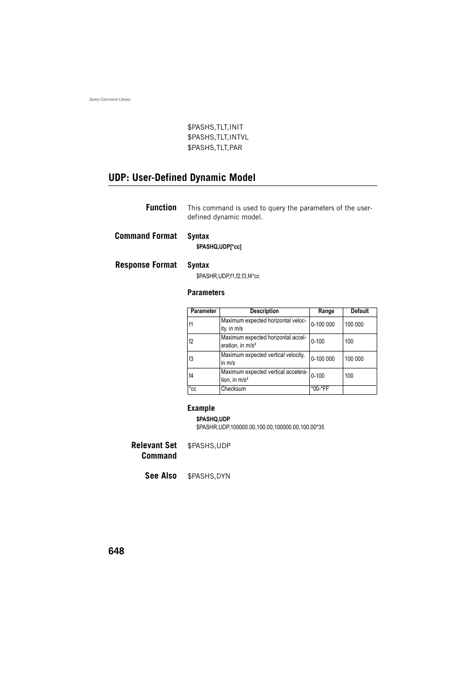 Udp: user-defined dynamic model, Function, Command format | Response format, Relevant set command, See also | Spectra Precision ProFlex 800 Reference Manual User Manual | Page 662 / 748