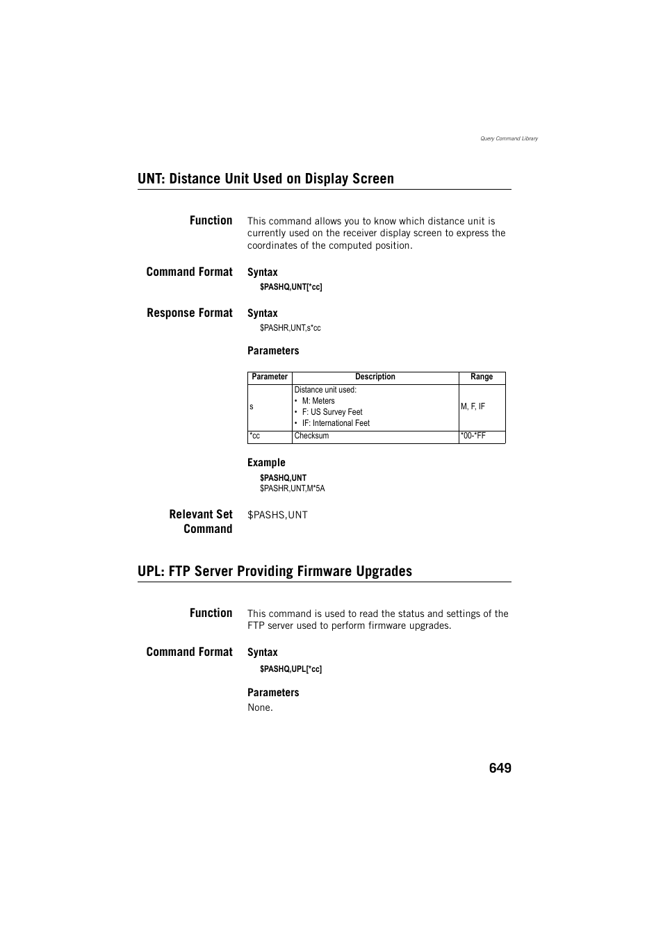 Unt: distance unit used on display screen, Function, Command format | Response format, Relevant set command, Upl: ftp server providing firmware upgrades | Spectra Precision ProFlex 800 Reference Manual User Manual | Page 663 / 748