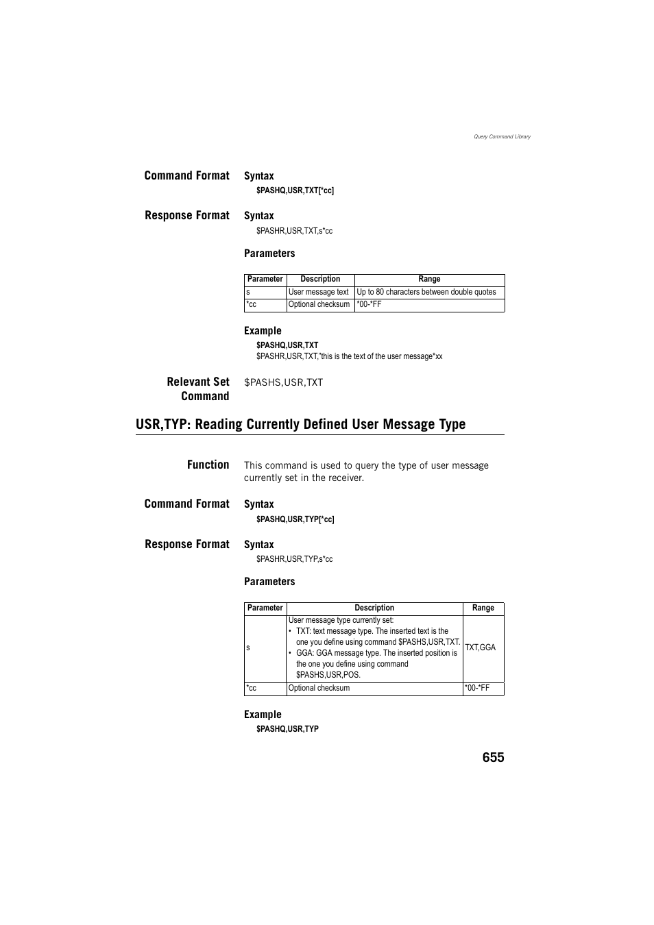 Command format, Response format, Relevant set command | Function | Spectra Precision ProFlex 800 Reference Manual User Manual | Page 669 / 748