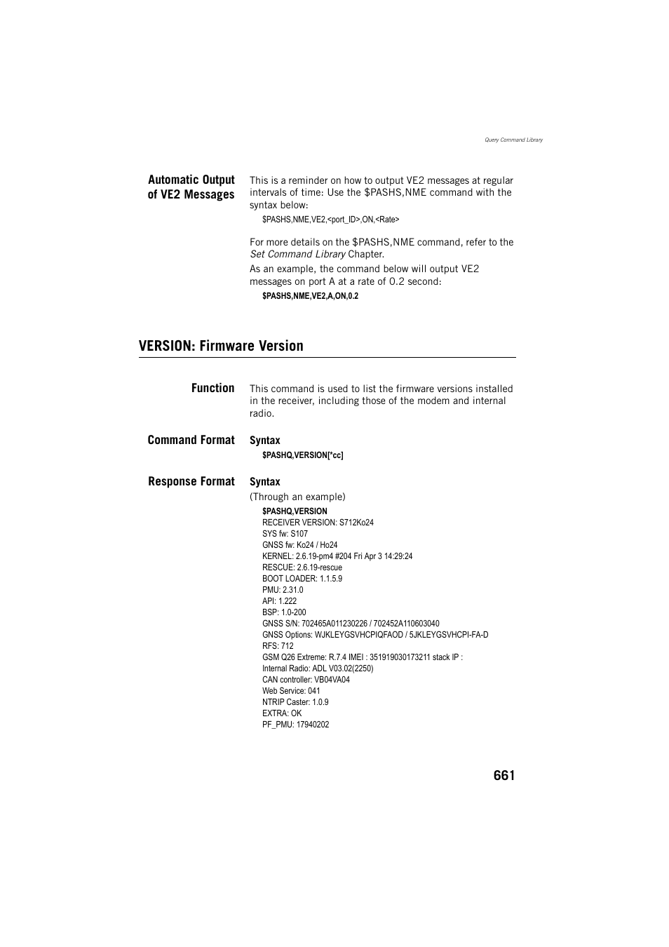 Automatic output of ve2 messages, Version: firmware version, Function | Command format, Response format | Spectra Precision ProFlex 800 Reference Manual User Manual | Page 675 / 748