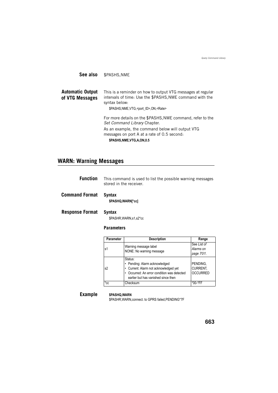 See also, Automatic output of vtg messages, Warn: warning messages | Function, Command format, Response format, Example | Spectra Precision ProFlex 800 Reference Manual User Manual | Page 677 / 748
