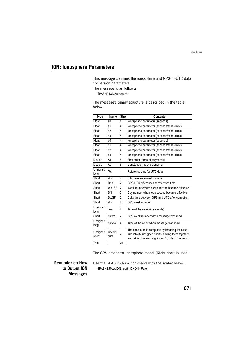 Ion: ionosphere parameters, Reminder on how to output ion messages | Spectra Precision ProFlex 800 Reference Manual User Manual | Page 685 / 748