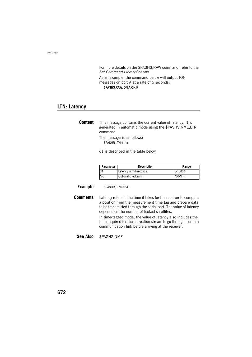 Ltn: latency, Content, Example | Comments, See also | Spectra Precision ProFlex 800 Reference Manual User Manual | Page 686 / 748