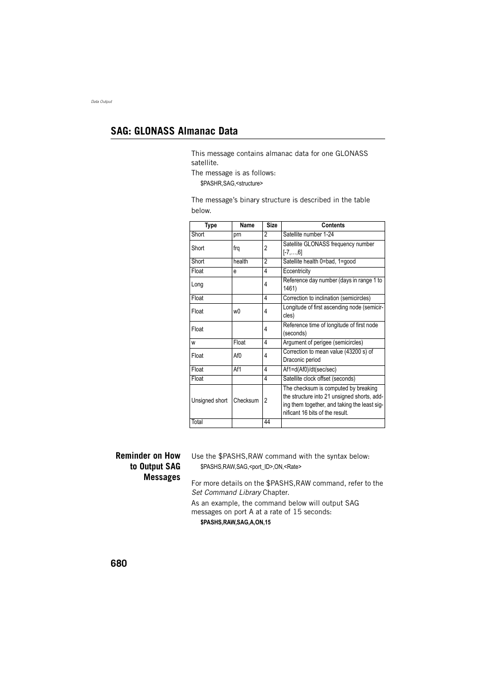 Sag: glonass almanac data, Reminder on how to output sag messages | Spectra Precision ProFlex 800 Reference Manual User Manual | Page 694 / 748