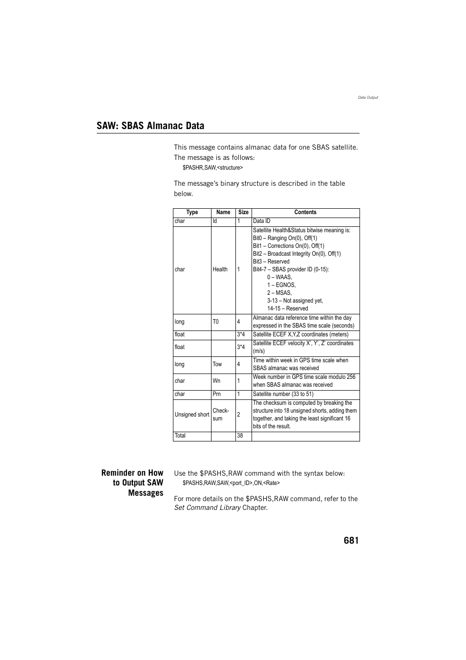 Saw: sbas almanac data, Reminder on how to output saw messages | Spectra Precision ProFlex 800 Reference Manual User Manual | Page 695 / 748
