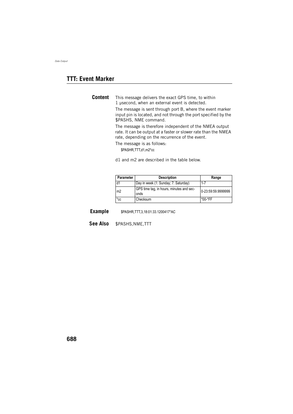 Ttt: event marker, Content, Example | See also | Spectra Precision ProFlex 800 Reference Manual User Manual | Page 702 / 748