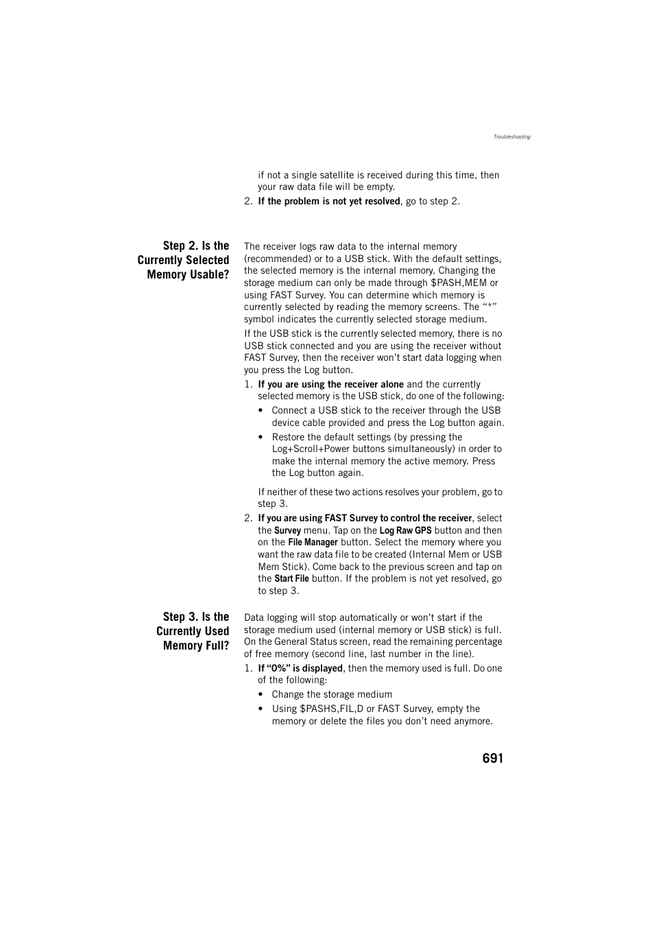 Step 2. is the currently selected memory usable, Step 3. is the currently used memory full | Spectra Precision ProFlex 800 Reference Manual User Manual | Page 705 / 748