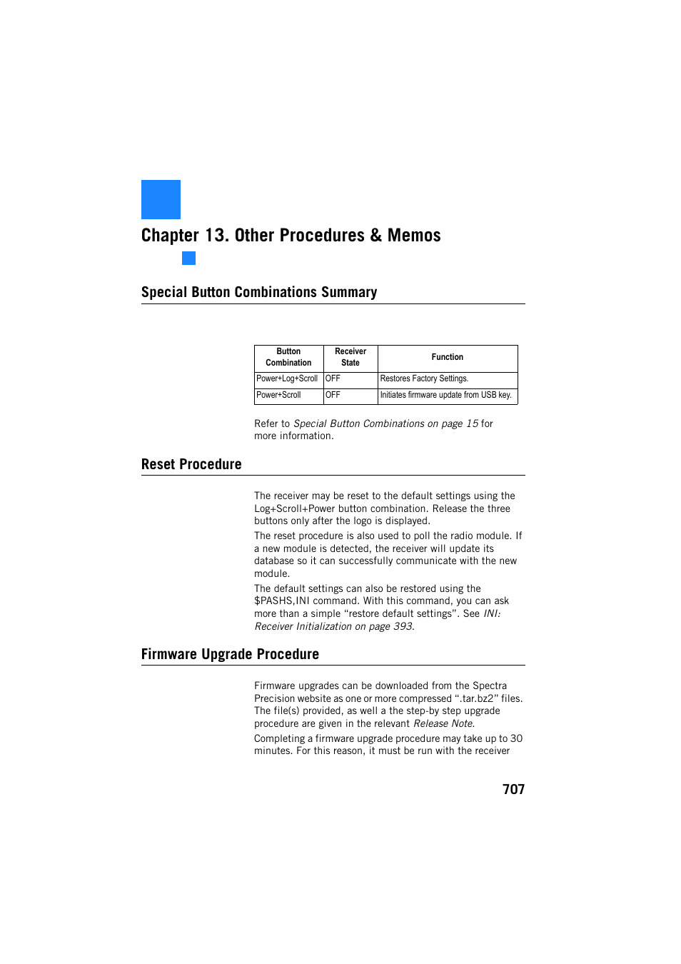 Other procedures & memos, Special button combinations summary, Reset procedure | Firmware upgrade procedure, Chapter 13. other procedures & memos | Spectra Precision ProFlex 800 Reference Manual User Manual | Page 721 / 748