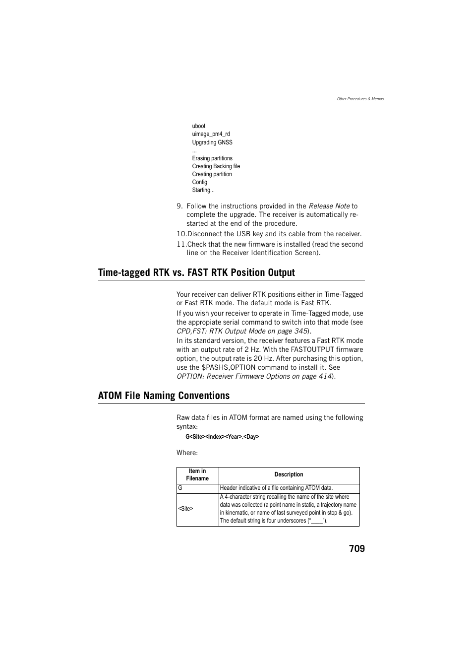 Time-tagged rtk vs. fast rtk position output, Atom file naming conventions | Spectra Precision ProFlex 800 Reference Manual User Manual | Page 723 / 748