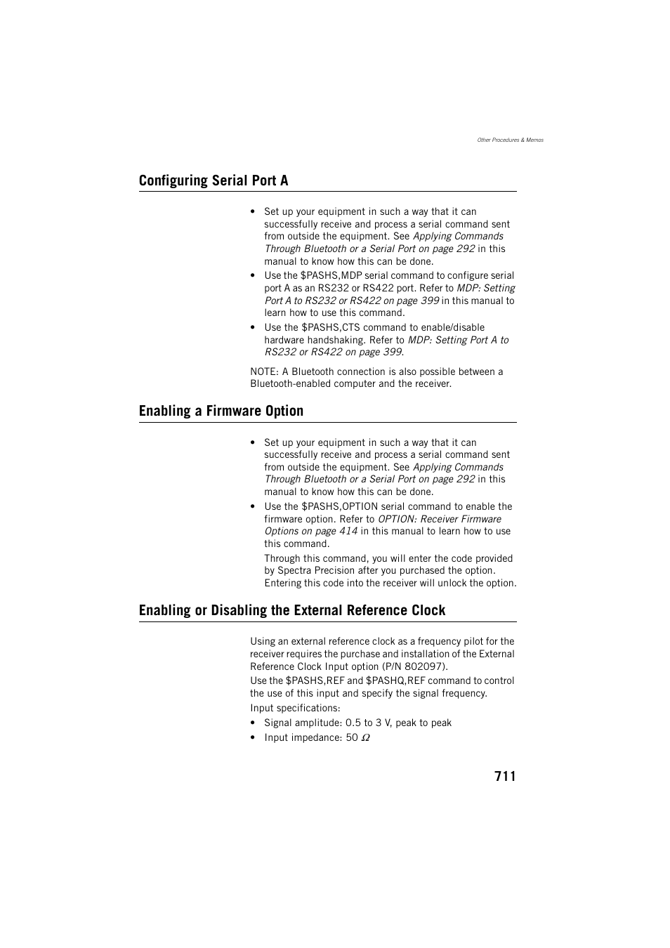 Configuring serial port a, Enabling a firmware option, Enabling or disabling the external reference clock | Spectra Precision ProFlex 800 Reference Manual User Manual | Page 725 / 748