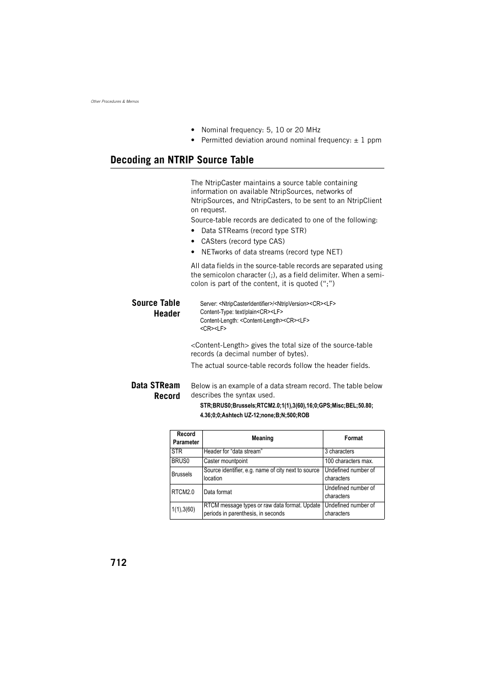 Decoding an ntrip source table, Source table header, Data stream record | Spectra Precision ProFlex 800 Reference Manual User Manual | Page 726 / 748