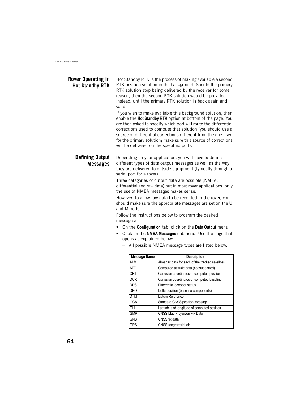 Rover operating in hot standby rtk, Defining output messages | Spectra Precision ProFlex 800 Reference Manual User Manual | Page 78 / 748