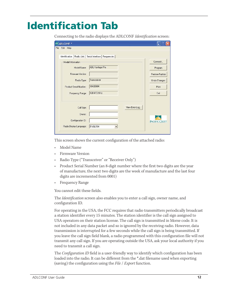 Identification tab | Spectra Precision ADLCONF User Guide User Manual | Page 12 / 36