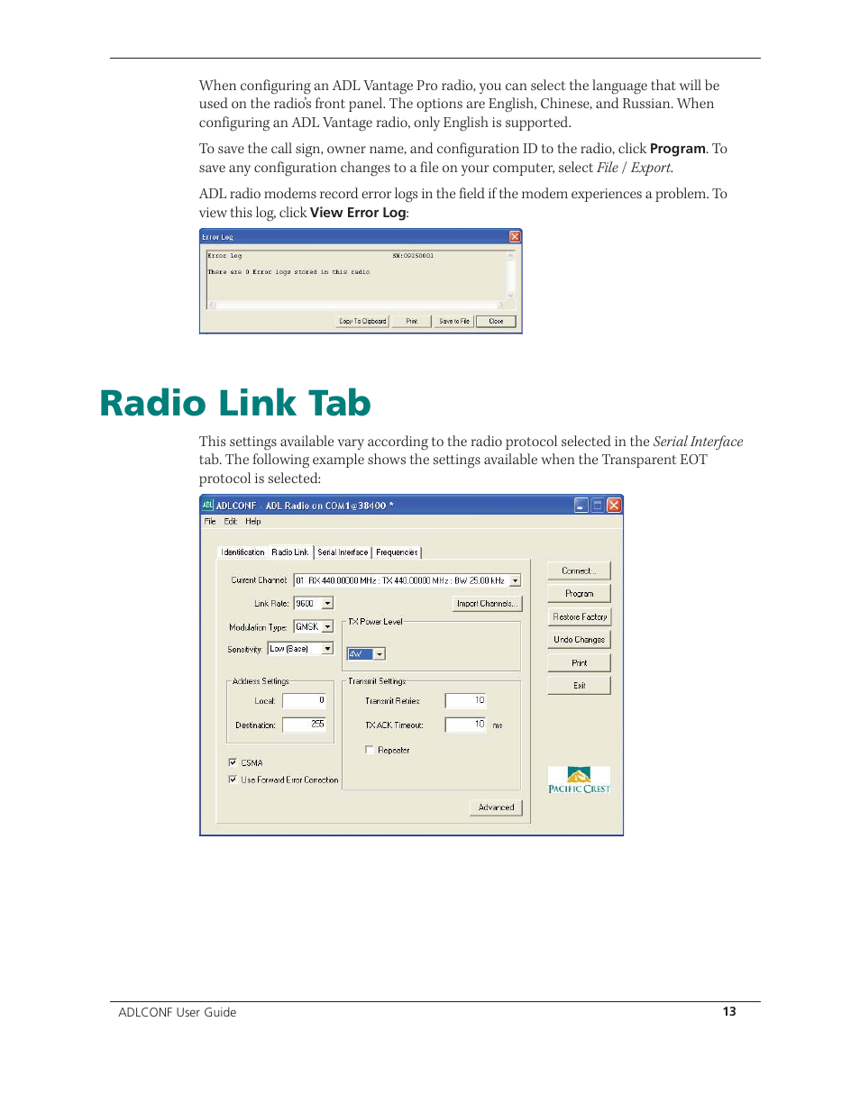 Radio link tab | Spectra Precision ADLCONF User Guide User Manual | Page 13 / 36