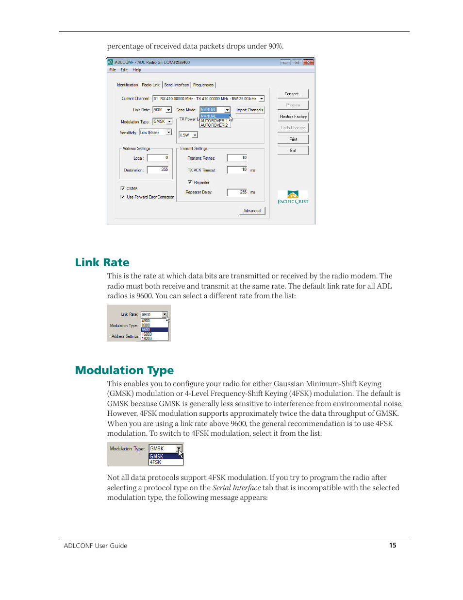 Link rate, Modulation type | Spectra Precision ADLCONF User Guide User Manual | Page 15 / 36