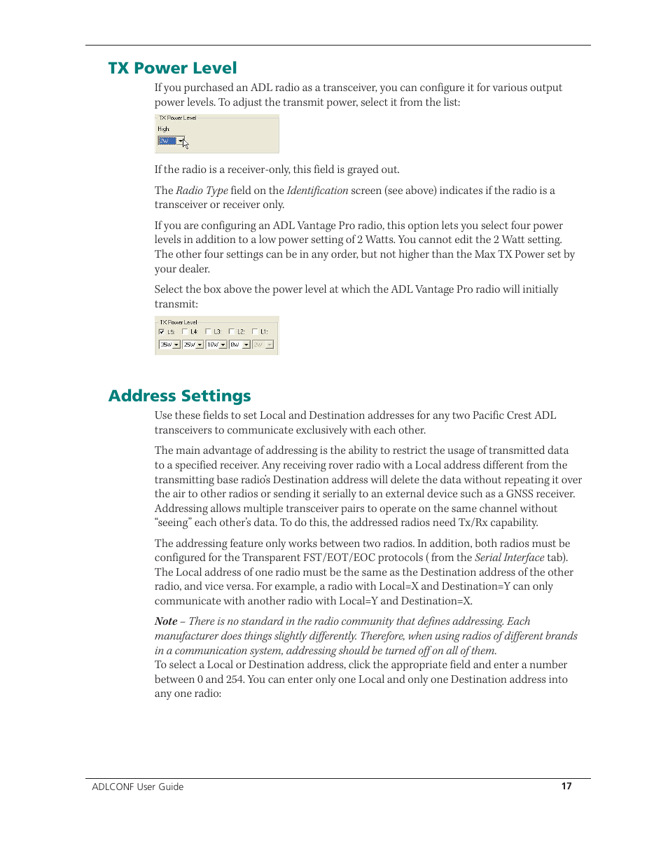 Tx power level, Address settings | Spectra Precision ADLCONF User Guide User Manual | Page 17 / 36