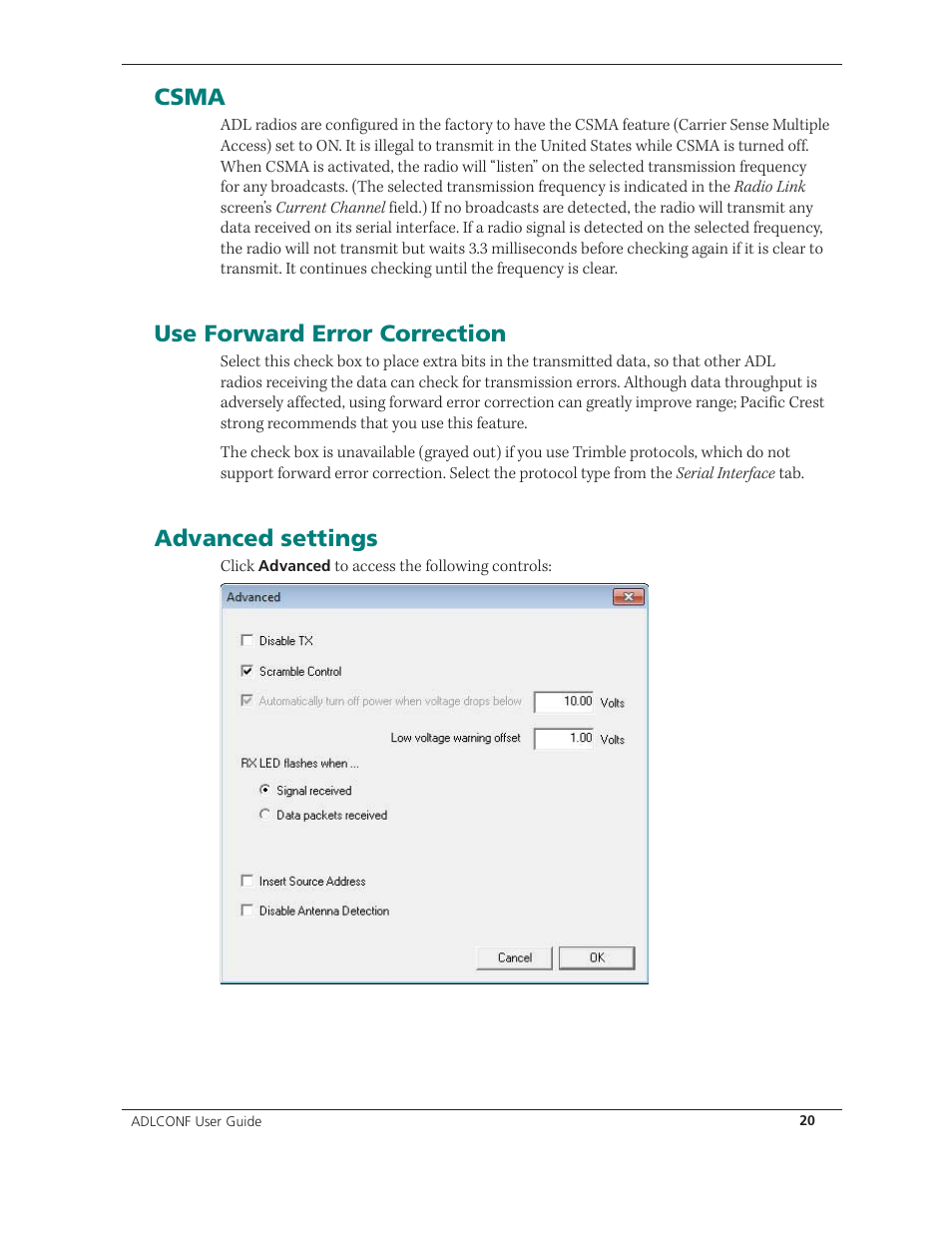 Csma, Use forward error correction, Advanced settings | Spectra Precision ADLCONF User Guide User Manual | Page 20 / 36
